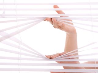 Horizontal view of a window adorned with modern mini blinds in a neutral tone, adding a touch of elegance to the interior decor.